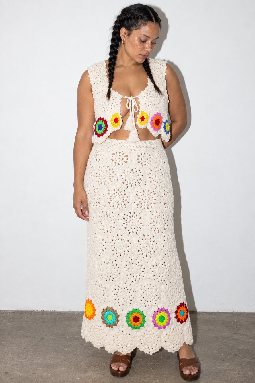 Vintage 60s Crochet Two-Piece Skirt Set, Flower Power Knit 70s Boho Hippie, Med
